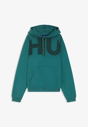 Miętowa bluza z kapturem z dużymi ciemnozielonymi literami "HU", kangurkową kieszenią z przodu i regulowanym kapturem.