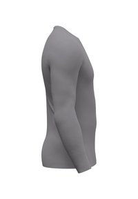 Langärmeliges Hemd aus glattem, flexiblem grauem Stoff. Es zeichnet sich durch ein körpernahes Design und einen Rundhalsausschnitt aus, der eine schlanke Silhouette bietet.