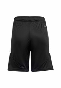 Svarta sportshorts med elastisk midja, med vita sidodetaljer och ett mjukt, lätt material.