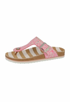 Lyserød flip-flop sandal med en tekstureret rem, der har et geometrisk mønster, metallic spænde og stribet kork-fodsål med en hvid sål.