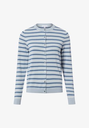 Jasnoniebieski kardigan z poziomymi paskami w ciemniejszym odcieniu niebieskiego. Wykonany z miękkiego materiału, z okrągłym dekoltem i zapinany na guziki.