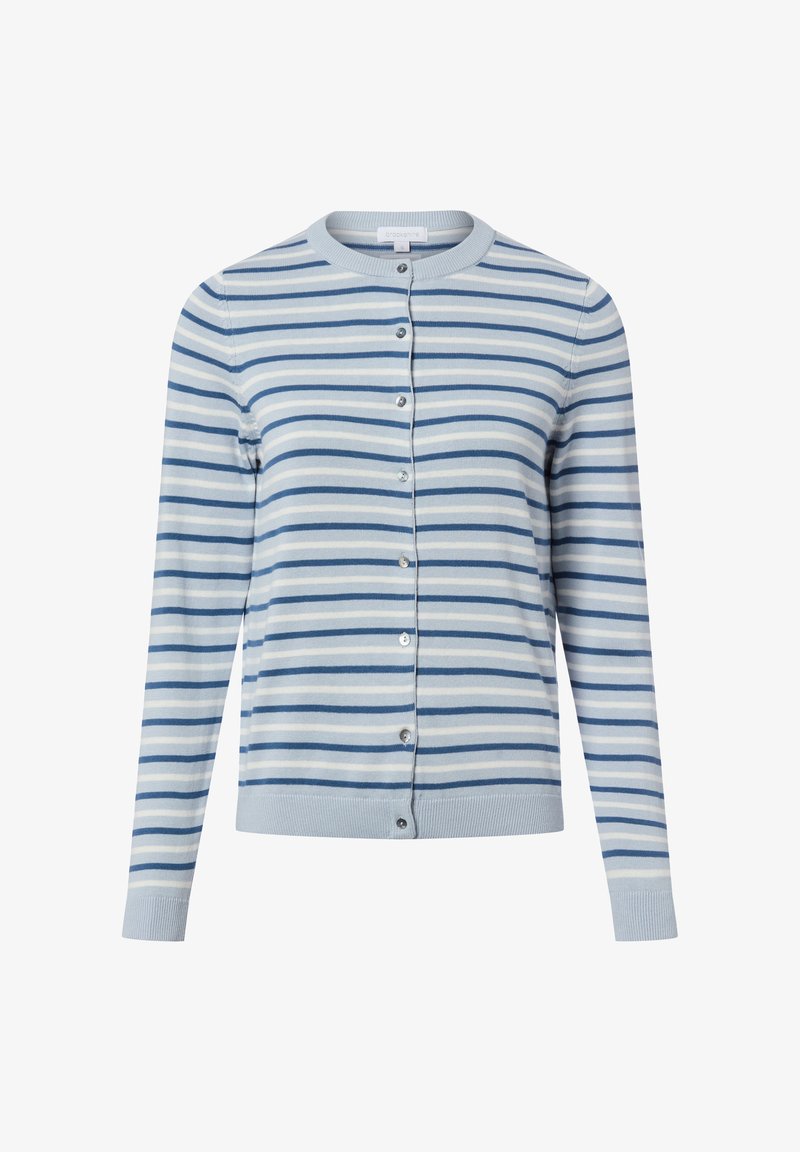 Lichtblauwe cardigan met horizontale strepen in donkerblauw. Gemaakt van zachte stof met een ronde hals en een knoopsluiting aan de voorkant.