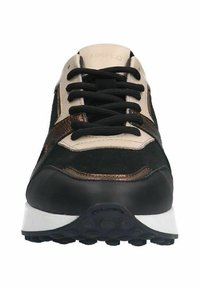 Sportieve sneakers met een zwart suède bovenwerk, beige synthetische accenten, bronzen details, zwarte veters en een gestructureerde zwarte rubberen zool.