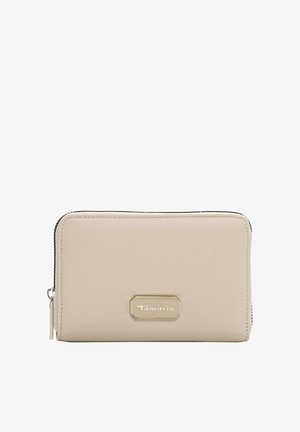 Beige lederen portemonnee met een gestructureerde afwerking, ritssluiting en goudkleurige hardware met het "Tamaris" logo op een rechthoekig accent.