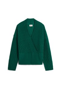 Grüner gestrickter Wickelpullover mit einem strukturierten Muster, tiefem V-Ausschnitt und geripptem Saum. Lange Ärmel mit aufwendigen diagonalen Linien.