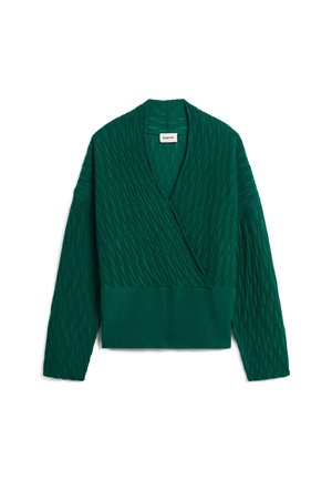 Groene gebreide wikkeltrui met een textuurpatroon, diepe V-hals en geribbelde zoom. Lange mouwen met verfijnde diagonale lijnen.