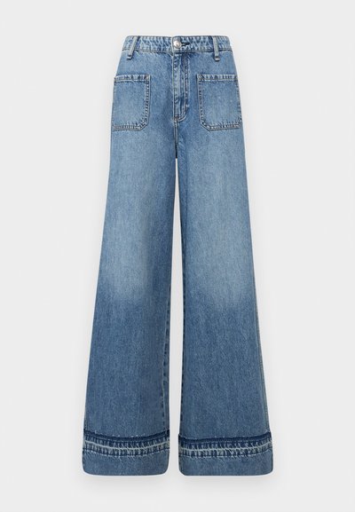 Light blue wide-leg jeans made of denim, featuring two back pockets, a high waist, and a slightly distressed hem detail.