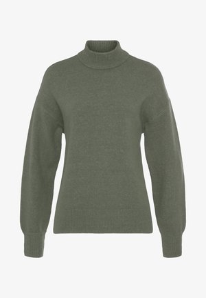 Khaki green turtleneck sweater made of soft knit fabric. Features relaxed fit, dropped shoulders, and ribbed cuffs and hem.