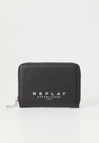 Black synthetic leather wallet with a textured surface, zip closure, and white printed logo "REPLAY ESTABLISHED 1981" on the front.
