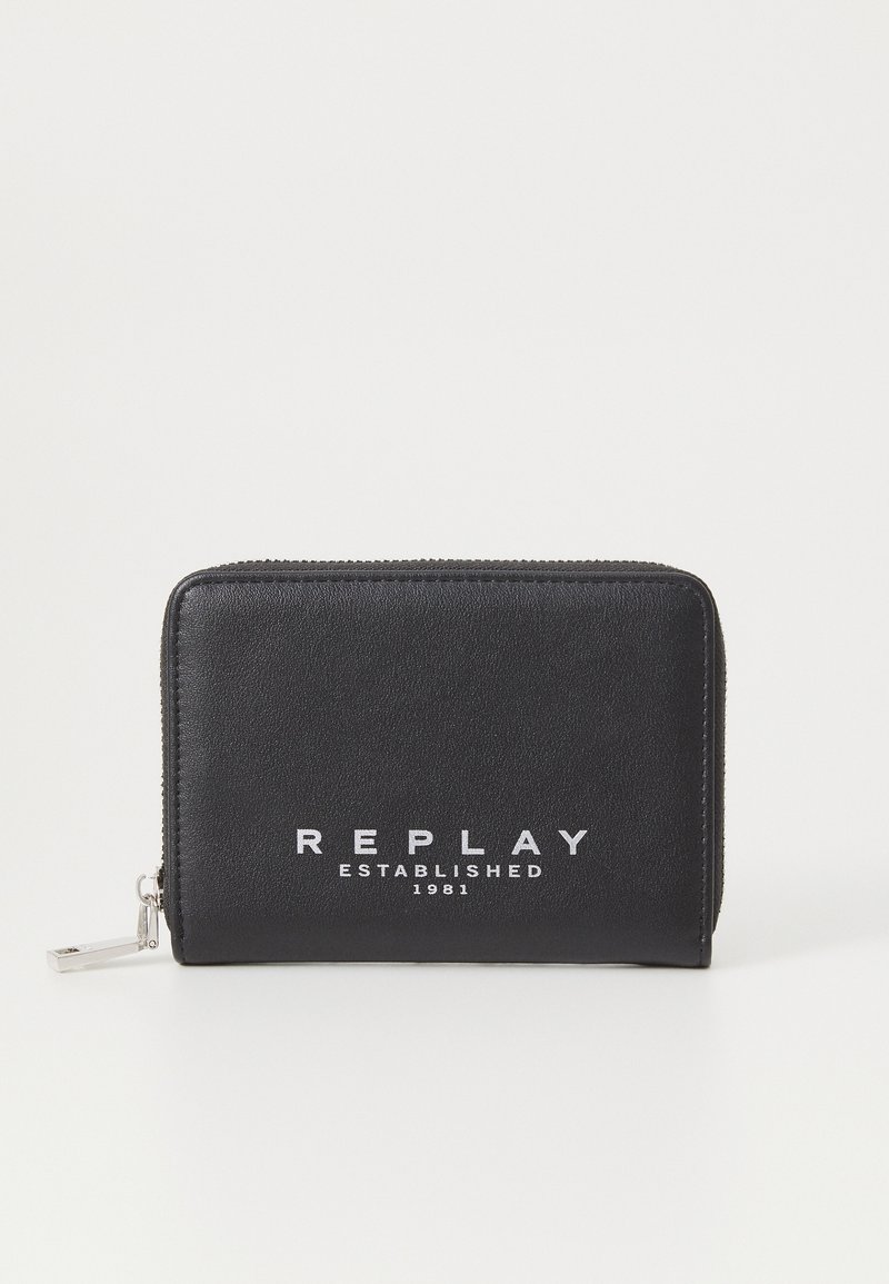 Black synthetic leather wallet with a textured surface, zip closure, and white printed logo "REPLAY ESTABLISHED 1981" on the front.