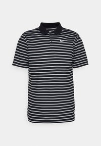 Black and gray striped polo shirt with a collar, short sleeves, and a small white Nike logo on the chest.