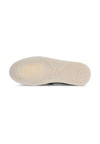Sole di sneaker nera, materiale in gomma, superficie texturizzata con un motivo a spina di pesce, tacco arrotondato e intersuola beige.