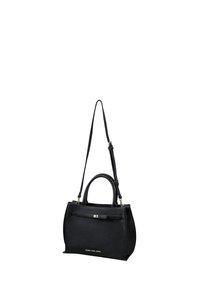 Borsa a mano in pelle nera con forma strutturata, doppi manici superiori e tracolla staccabile. Presenta dettagli in metallo dorato e logo decorativo.