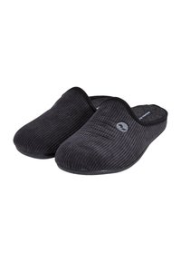 Black ribbed slippers with soft interior lining, open back design, and rubber sole. Subtle logo detail on the side.