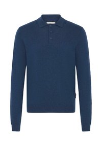 Camisa polo de manga larga en azul marino, hecha de tejido de punto, con cuello y tapeta de tres botones. Textura suave con dobladillo acanalado.