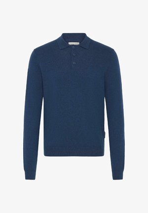 Navy blue long-sleeve polo shirt made of knitted fabric, featuring a collar and three button placket. Smooth texture with ribbed hem.