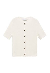 Short-sleeve white cardigan made of textured knit fabric, featuring a round neckline and five brown buttons down the front.