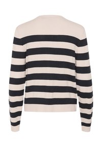 Navy and beige striped pullover sweater with long sleeves and a round neckline, featuring a soft knit texture and ribbed cuffs.