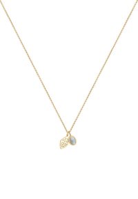 Gold chain necklace featuring two pendants: a leaf design and a round, textured stone with a blue hue.