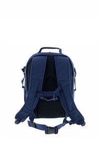 Navy blue backpack featuring padded, adjustable shoulder straps, a mesh back, and a top handle for easy carrying.