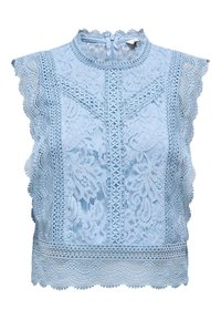 Haut sans manches en dentelle bleu clair avec des motifs floraux, des bords festonnés et un col montant avec une fermeture éclair au dos.