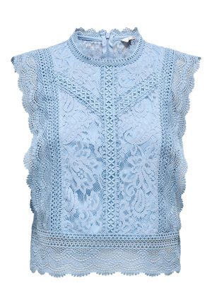 Haut sans manches en dentelle bleu clair avec des motifs floraux, des bords festonnés et un col montant avec une fermeture éclair au dos.