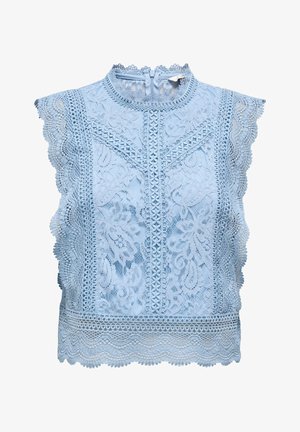 Hellblaues ärmelloses Spitzenoberteil mit Blumendekor, gewellten Kanten und hohem Kragen mit Reißverschluss auf der Rückseite.