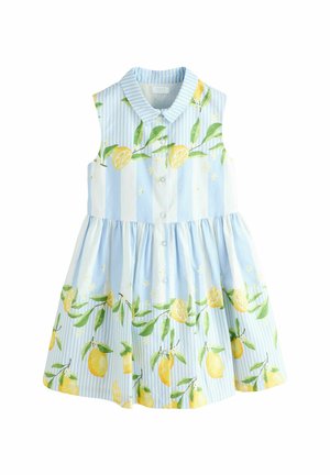 Robe sans manches à rayures bleues et blanches avec des boutons sur le devant, un col, et un imprimé citron et feuilles sur tout le tissu.