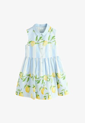 Plava i bijela prugasta haljina bez rukava s gumbima sprijeda, ovratnikom i printom limuna i lišća po cijelom materijalu.
