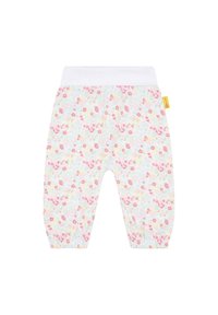 Blumige Babyhosen in hellen Pastellfarben mit einem weißen elastischen Bund. Das Material ist weicher Stoff mit gerafften Bündchen und bunten Mustern.