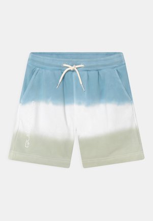 Blaue und grüne Batik-Shorts mit elastischem Bund, Kordelzug, Seitentaschen und Quiksilver-Logo. Weicher Stoff.