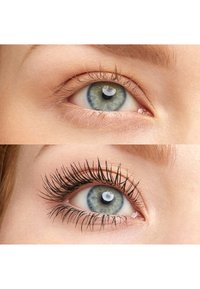Œil bleu avec apparence variée des cils. Le haut montre des cils naturels ; le bas présente un mascara long, foncé et volumineux, accentuant la prominence de l'œil.