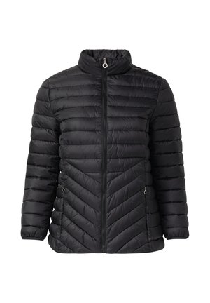 Schwarze Daunenjacke mit hohem Kragen, horizontalem und Chevron-gequiltetem Design, Frontreißverschluss und zwei Seitentaschen. Weicher, strukturierter Stoff.