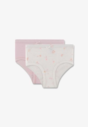 Due coppie di mutande di cotone: una rosa chiaro e una bianca con stampa floreale. Ognuna presenta un fiocco decorativo sulla cintura.