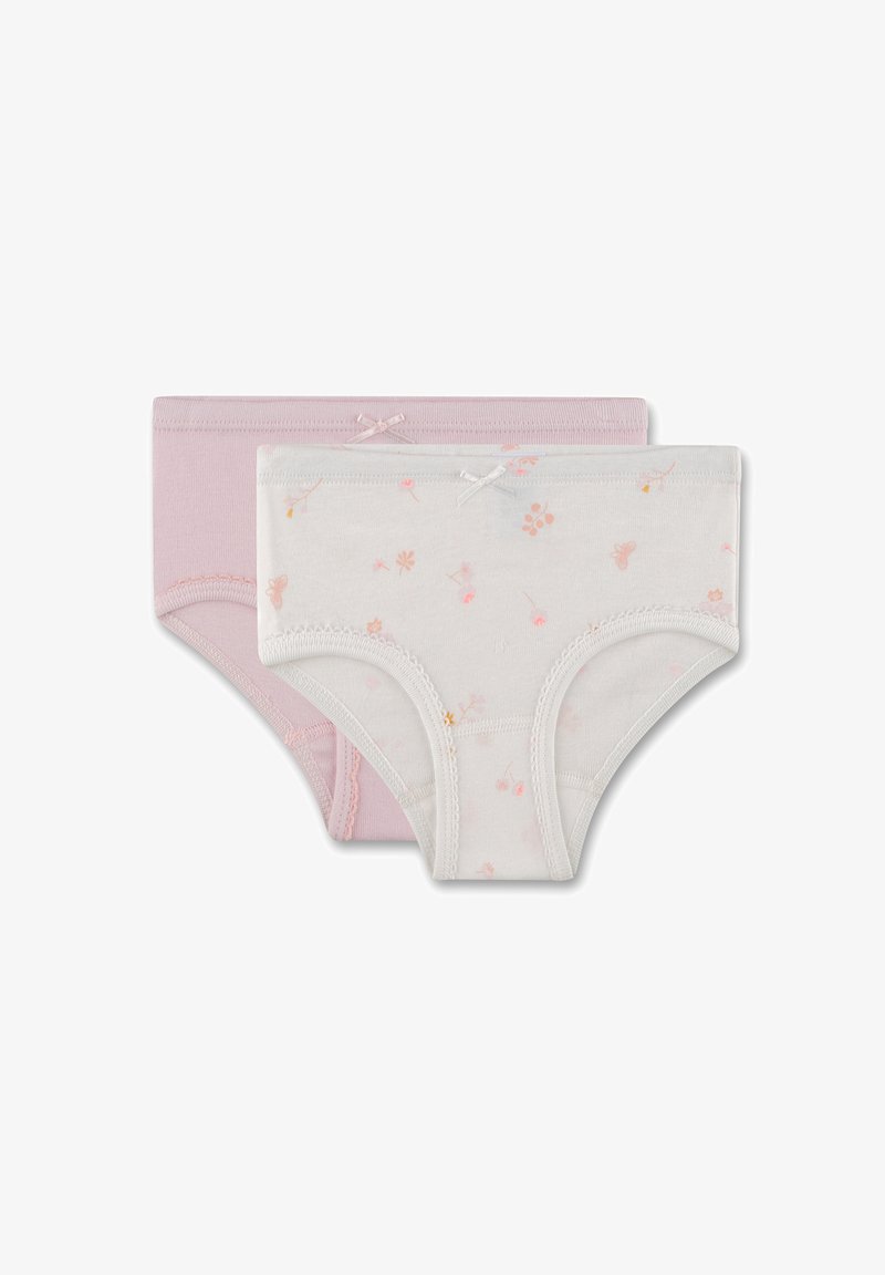 Due coppie di mutande di cotone: una rosa chiaro e una bianca con stampa floreale. Ognuna presenta un fiocco decorativo sulla cintura.
