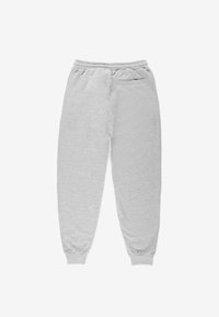 Szare dresowe spodnie z elastycznym paskiem w talii, ściągaczami u dołu oraz jedną tylną kieszenią. Wykonane z miękkiej, szczotkowanej tkaniny o gładkiej fakturze.