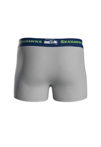 Bóxer gris con una cinturilla azul marino que presenta "SEAHAWKS" en texto verde y un logo. Textura suave, diseño ajustado y longitud hasta mitad del muslo.
