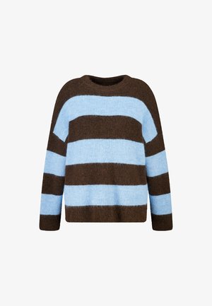 Pull rayé marron et bleu clair avec une coupe ample, un col rond et des manches longues. Matière tricotée douce et texturée.