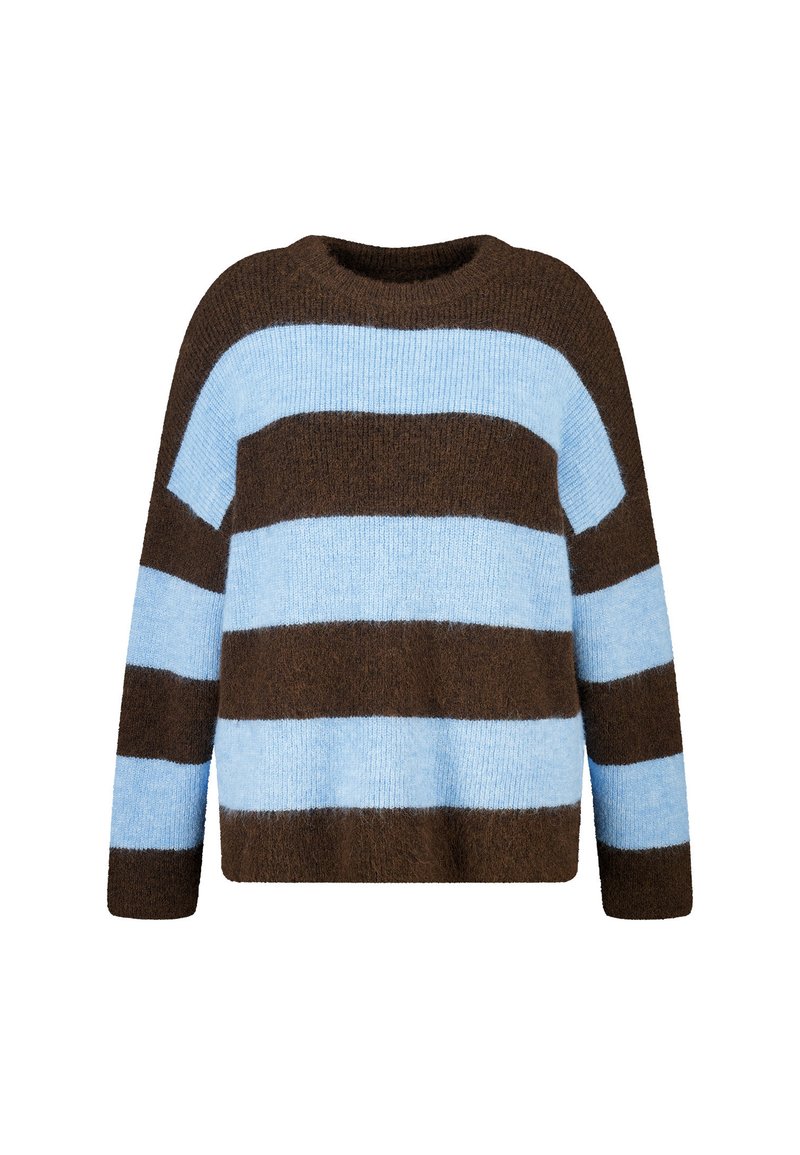 Pull rayé marron et bleu clair avec une coupe ample, un col rond et des manches longues. Matière tricotée douce et texturée.