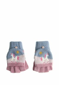 Sõrmikuta kindad, millel on sinine ja roosa disain, ükssarvikuga tikand ja päikesearvestus. Valmistatud soonikuga kudumaterjalist.