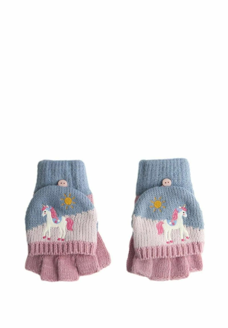 Sõrmikuta kindad, millel on sinine ja roosa disain, ükssarvikuga tikand ja päikesearvestus. Valmistatud soonikuga kudumaterjalist.