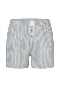 Světle modré pruhované trenýrky z jemné tkaniny, s elastickým pasem a dvěma červenými knoflíky vpředu. Štítek nese nápis "Phil & Co."