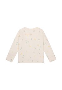 Helles beige Langarmshirt mit einem abwechslungsreichen Obst- und Blättermuster in sanften Farben. Hergestellt aus einem glatten Baumwoll-Mix, mit Rundhalsausschnitt.