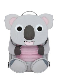 Koala-Themen-Rucksack aus grauem Stoff mit rosa Akzenten. Verfügt über große Augen, runde Ohren und eine strukturierte Form. Enthält mit Reißverschlüssen verschlossene Fächer.