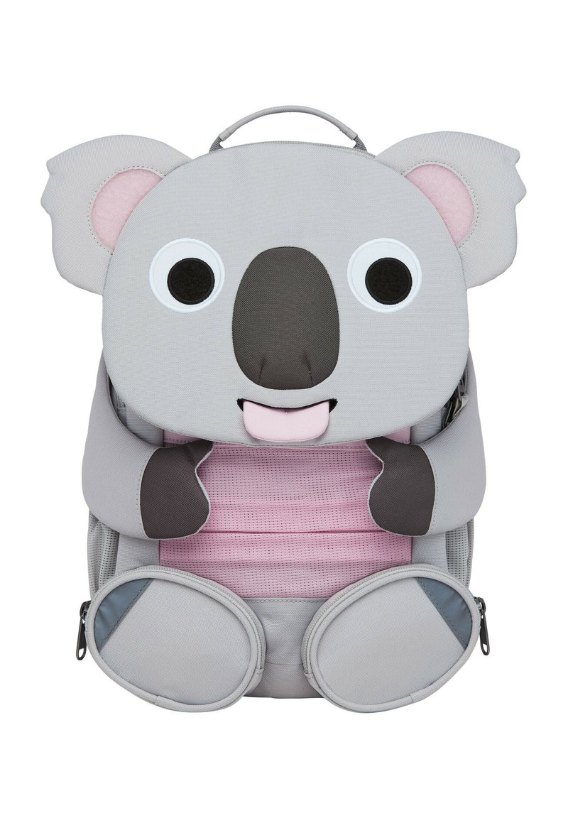 Koala-Themen-Rucksack aus grauem Stoff mit rosa Akzenten. Verfügt über große Augen, runde Ohren und eine strukturierte Form. Enthält mit Reißverschlüssen verschlossene Fächer.