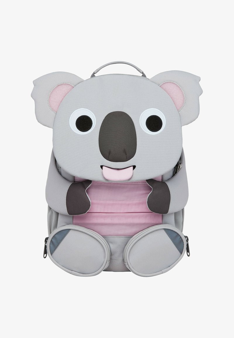 Koala-Themen-Rucksack aus grauem Stoff mit rosa Akzenten. Verfügt über große Augen, runde Ohren und eine strukturierte Form. Enthält mit Reißverschlüssen verschlossene Fächer.