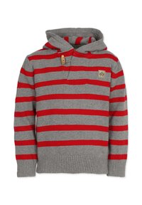 Grå och rödrandig huvtröja med träknappdetalj, ribbad nederkant och ärmslut samt en liten logopatch på bröstet.