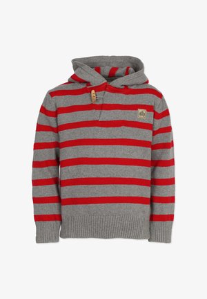 Huppari, jossa on harmaita ja punaisia raitoja, puunappikiinnitys, ribbaatut helma ja hihansuut sekä pieni logopatch rinnan alueella.