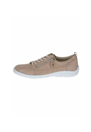 Sneaker beige in suede con suola in gomma bianca, dotato di una zip laterale e chiusura con lacci per una vestibilità sicura. Punta arrotondata e interno imbottito.