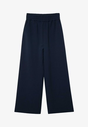 Granatowe spodnie o szerokich nogawkach z elastycznym paskiem w talii, bocznymi kieszeniami i gładką, lekką fakturą materiału. Brak widocznych wzorów i dodatków.